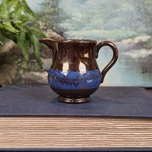 Vintage Mini Studio Pottery Creamer Pitcher Brown Blue Floral Glaze Tiny Jug